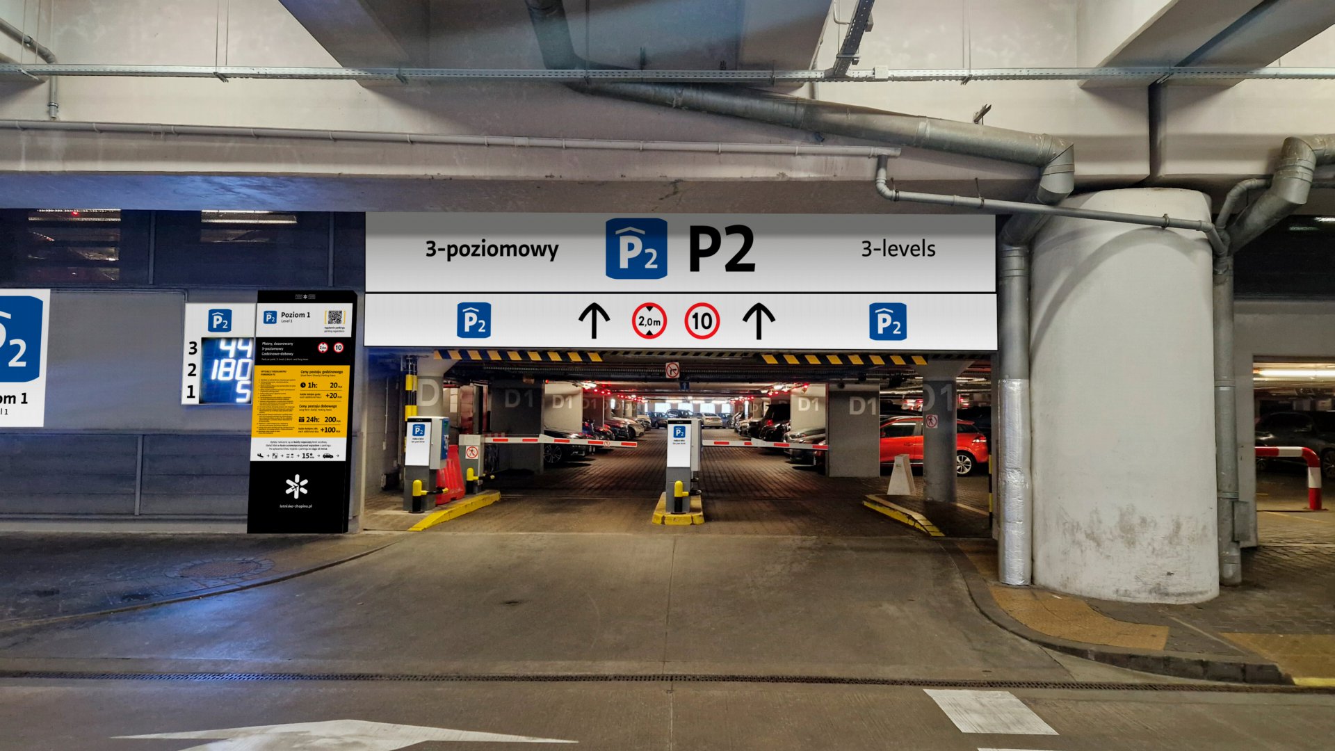 Wizualizacje wjazdu na jeden z parkingów wraz z projektowanym oznakowaniem na Lotnisku Chopina w Warszawie